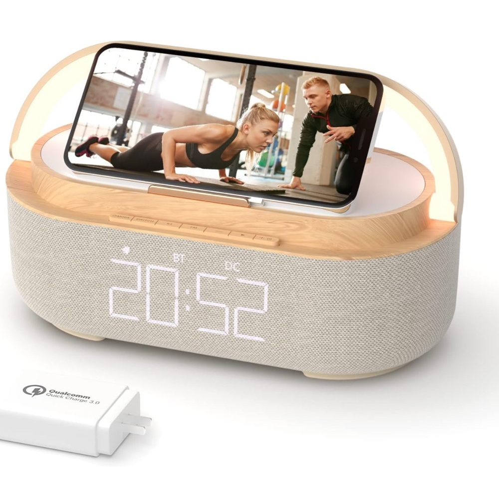 New Bluetooth Speaker with Digital Alarm Clock, Wireless Charger, FM Clock Radio